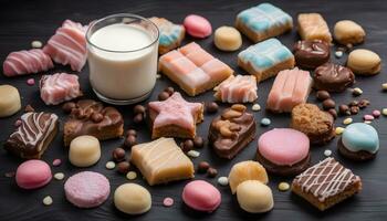 AI generated assorted sweets and milk on a dark background photo