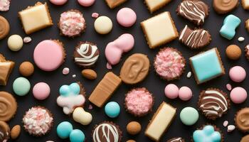 AI generated various types of chocolate and cookies on a black background photo