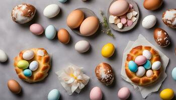 AI generated colorful easter eggs and bread on a table photo