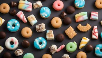 AI generated a large assortment of colorful candy on a black background photo