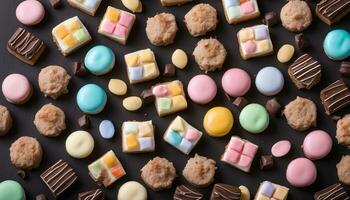 AI generated various colorful cookies and candies on a black background photo