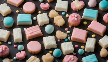 AI generated a colorful assortment of pastries on a black background photo
