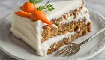 AI generated a slice of carrot cake with cream cheese frosting photo