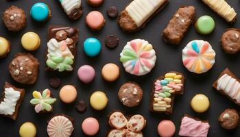 AI generated various types of cookies and candies arranged on a black background photo