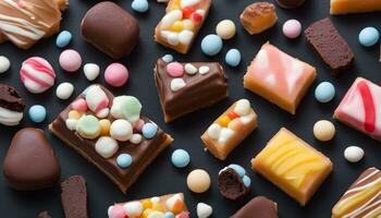 AI generated assorted chocolate and candy bars on a black background photo