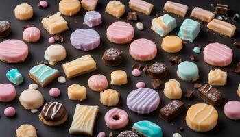 AI generated assortment of colorful sweets on a black background photo