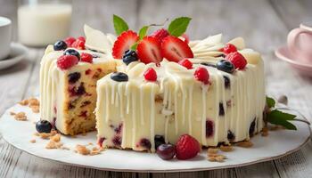 AI generated a cake with berries and cream on a plate photo