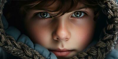 AI generated Warm, inviting image of a boy in a hooded coat. AI generative. photo