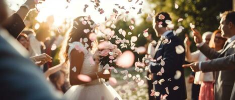 AI generated Joyous wedding scene with bride and groom, confetti rain. AI generative. photo