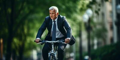 AI generated Dapper gentleman cycling in city. AI generative. photo