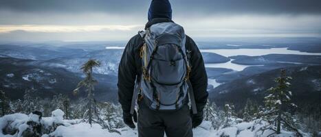 AI generated Back view of a climber standing atop a snowy peak, embodying the success and fulfillment of a challenging winter hike. photo