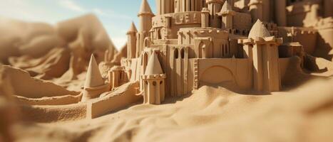 AI generated Majestic sand castle with intricate turrets. AI generative. photo