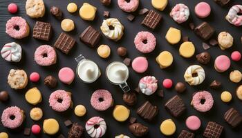 ai generado varios tipos de rosquillas y chocolate en un negro antecedentes foto