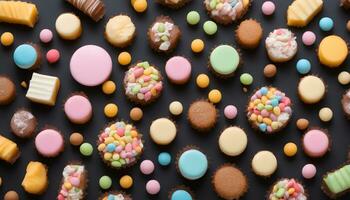 ai generado muchos diferente de colores golosinas y galletas en un negro antecedentes foto