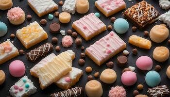 AI generated various types of candy and cookies on a black background photo