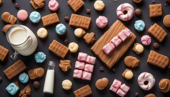 AI generated various types of chocolate and candy on a dark background photo