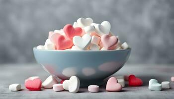 AI generated a bowl of marshmallows with hearts in it photo