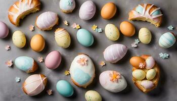 AI generated easter eggs and pastries on a table photo