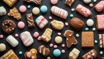 AI generated various types of chocolate and candy on a black background photo