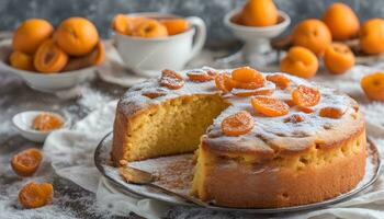 ai generado un pastel con albaricoques en un plato foto