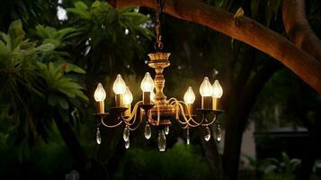 AI generated The lovely vintage wooden chandelier hangs from a tree in the garden. photo