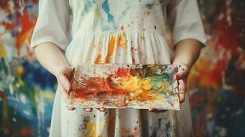 AI generated cropped image of a woman holding an abstract multicolored picture on a canvas in her hands while wearing a white blouse and a robe spotted with stains. Painting, creativity photo