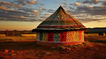 ai generado en el sereno noche sol, un magnífico vistoso tradicional étnico africano redondo choza de el ndbele tribu en un comunidad en sur África foto