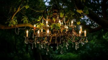 ai generado el encantador Clásico de madera candelabro cuelga desde un árbol en el jardín. foto