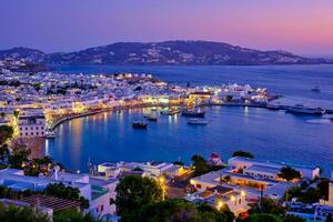 Mykonos island port with boats, Cyclades islands, Greece photo