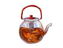 uppfriskande brun te drycker inuti glas te pott med hantera och keps. texturerad dryck illustration isolerat på vertikal bakgrund. png