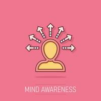 Mind awareness icon in comic style. Idea human vector cartoon illustration on white isolated background. Customer brain business concept splash effect.