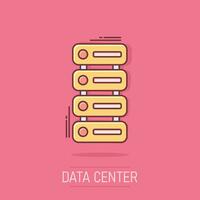 icono del centro de datos en estilo cómico. ilustración de dibujos animados de vector de servidor sobre fondo blanco aislado. efecto de salpicadura del concepto de negocio de seguridad.