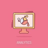 Analytic monitor icon in comic style. Diagram vector cartoon illustration on white isolated background. Statistic business concept splash effect.