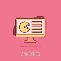 Analytic monitor icon in comic style. Diagram vector cartoon illustration on white isolated background. Statistic business concept splash effect.