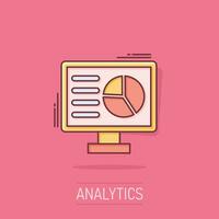 Analytic monitor icon in comic style. Diagram vector cartoon illustration on white isolated background. Statistic business concept splash effect.