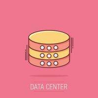 icono del centro de datos en estilo cómico. ilustración de dibujos animados de vector de servidor sobre fondo blanco aislado. efecto de salpicadura del concepto de negocio de seguridad.