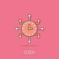 Real time icon in comic style. Clock vector cartoon illustration on white isolated background. Watch business concept splash effect.