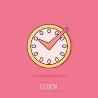 Real time icon in comic style. Clock vector cartoon illustration on white isolated background. Watch business concept splash effect.