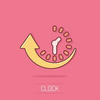 icono de tiempo de inactividad en estilo cómico. ilustración de dibujos animados de vector de tiempo de actividad sobre fondo blanco aislado. efecto de salpicadura de concepto de negocio de reloj.