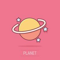 Saturn icon in comic style. Planet vector cartoon illustration on white isolated background. Galaxy space business concept splash effect.