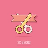 Scissors icon in comic style. Cutting ribbon vector cartoon illustration on white isolated background. Ceremonial business concept splash effect.