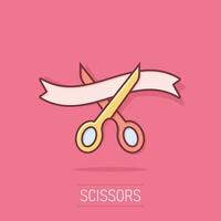 Scissors icon in comic style. Cutting ribbon vector cartoon illustration on white isolated background. Ceremonial business concept splash effect.