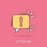 Attention sign icon in comic style. Warning banner vector cartoon illustration on white isolated background. Information business concept splash effect.