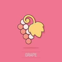 icono de signo de frutas de uva en estilo cómico. ilustración de dibujos animados de vector de vid sobre fondo blanco aislado. efecto de salpicadura de concepto de negocio de uvas de vino.