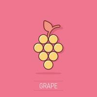 icono de signo de frutas de uva en estilo cómico. ilustración de dibujos animados de vector de vid sobre fondo blanco aislado. efecto de salpicadura de concepto de negocio de uvas de vino.