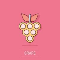 icono de signo de frutas de uva en estilo cómico. ilustración de dibujos animados de vector de vid sobre fondo blanco aislado. efecto de salpicadura de concepto de negocio de uvas de vino.