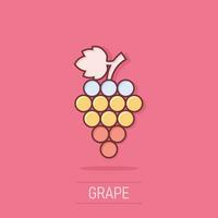 Grape fruits sign icon in comic style. Grapevine vector cartoon illustration on white isolated background. Wine grapes business concept splash effect.