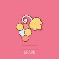 icono de signo de frutas de uva en estilo cómico. ilustración de dibujos animados de vector de vid sobre fondo blanco aislado. efecto de salpicadura de concepto de negocio de uvas de vino.