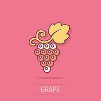 icono de signo de frutas de uva en estilo cómico. ilustración de dibujos animados de vector de vid sobre fondo blanco aislado. efecto de salpicadura de concepto de negocio de uvas de vino.