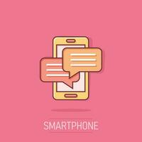 Mobile phone chat sign icon in comic style. Message notifications vector cartoon illustration on white isolated background. Smartphone text business concept splash effect.